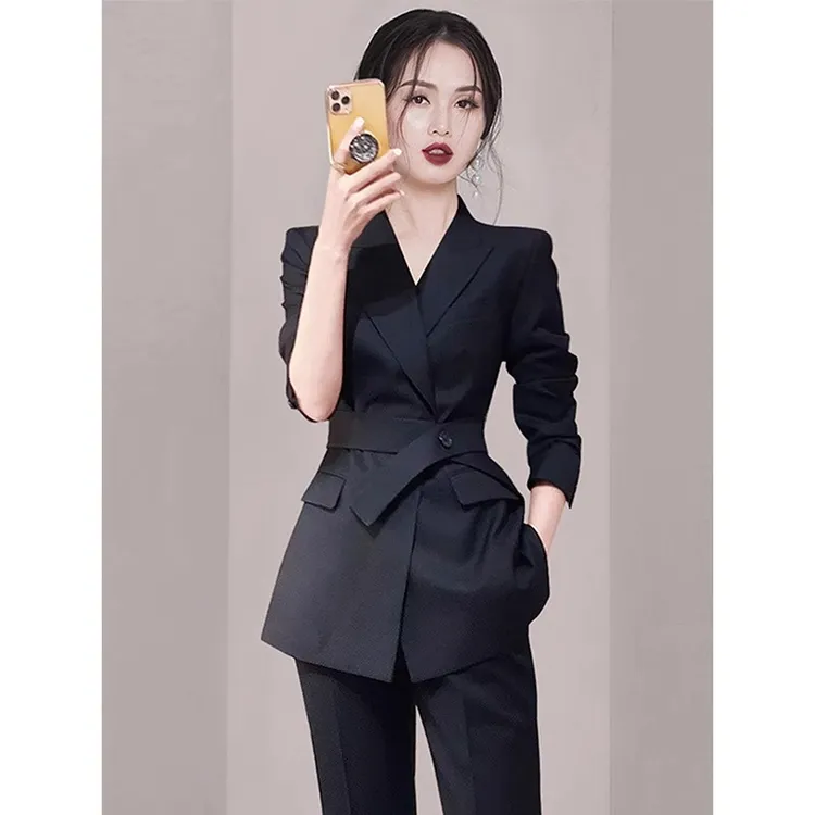 春秋高级感黑色正装西装套装女修身气质职业通勤西服小个子两件套