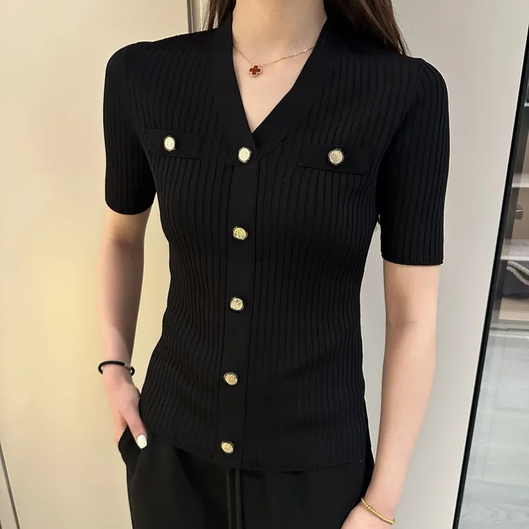 夏季冰丝针织衫高档气质假开衫V领显瘦时尚薄款高级感上衣短袖T恤