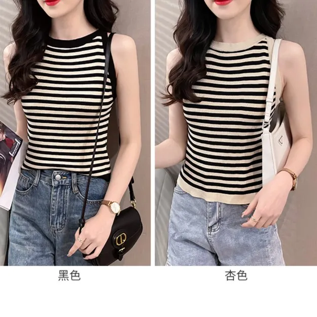 2023新款欧货冰丝条纹t恤女针织吊带背心夏内搭无袖T恤打底衫上衣