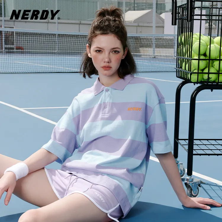 NERDY2023夏季新款韩国潮牌POLO领条纹短袖女情侣同款宽松t恤上衣