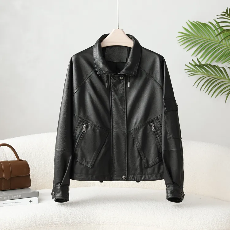 XIYIN98013翻领真皮皮衣女短款植鞣立领牛皮夹克头层牛皮皮衣女