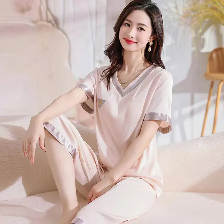 冰丝女士睡衣时尚新款夏季短袖薄款七分裤休闲家居服套装可外穿