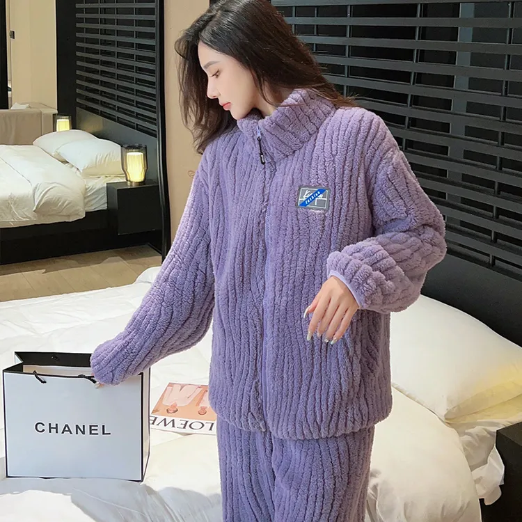 珊瑚绒睡衣女秋冬款加绒加厚保暖法兰绒休闲拉链可外穿家居服套装