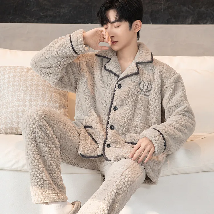 提花男士睡衣珊瑚绒冬季加绒加厚大码秋冬季保暖冬天毛绒家居服