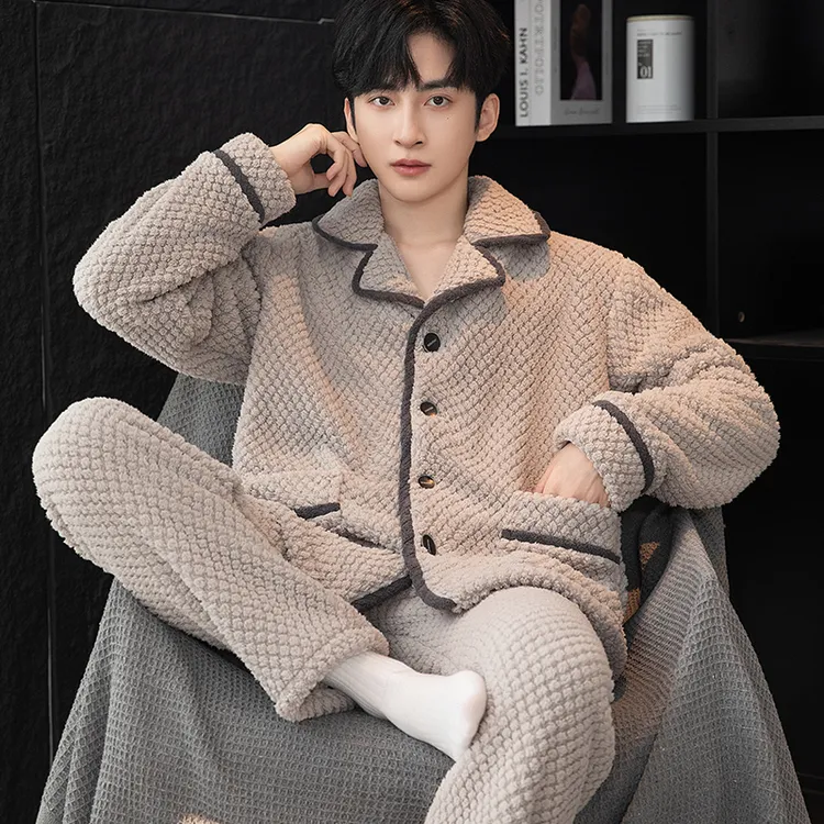 简约秋冬季男士珊瑚绒睡衣长袖大码加绒加厚保暖法兰绒冬天家居服