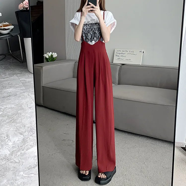 酒红色背带裤女春秋季薄款小个子阔腿裤高腰垂感西装裤直筒吊带裤