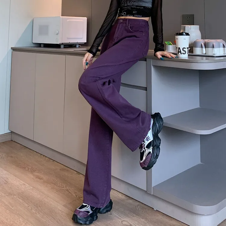 葡萄紫高腰直筒牛仔裤女2025春季宽松慵懒风显瘦设计感阔腿裤子潮