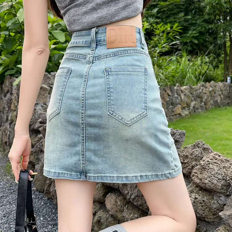 复古美式辣妹牛仔短裙女夏季浅色高腰显瘦修身a字牛仔裙半身裙