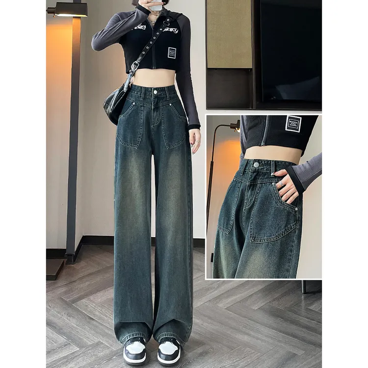 水泥灰阔腿牛仔裤女2025春秋新款梨型身材显瘦宽松窄版百搭直筒裤