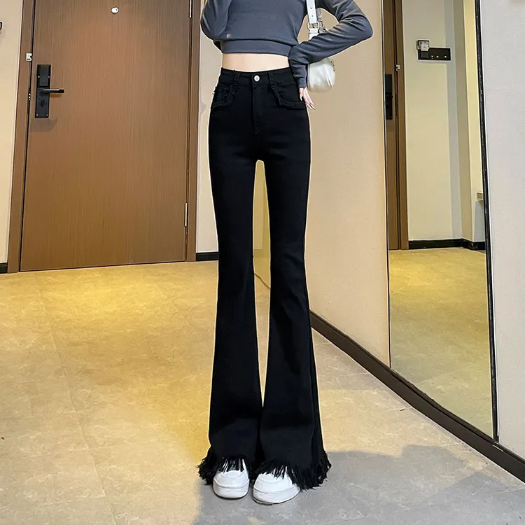 春季西装新款微喇牛仔裤女高腰通勤显瘦大老钱风拖地喇叭裤子女孩