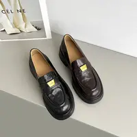 【现货】ME836/5cm羊皮圆头厚底乐福鞋女春秋真皮粗跟中跟单鞋