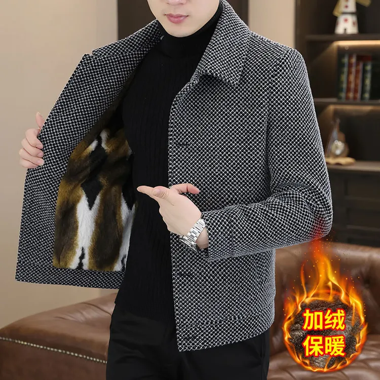 高档毛呢外套男短款翻领格子加绒加厚男士夹克韩版潮流男装风衣潮
