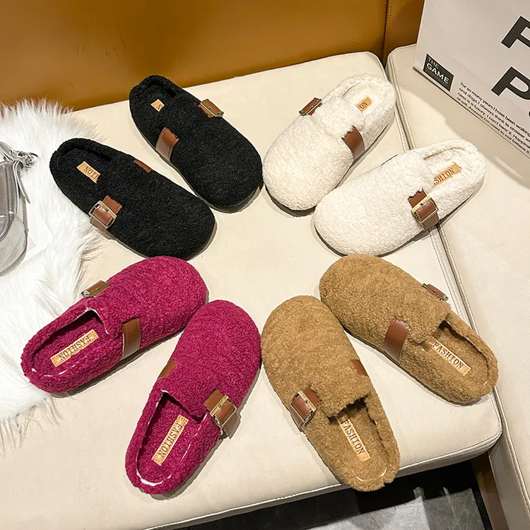 羊羔绒毛毛拖鞋女外穿包头毛毛半拖鞋丑萌鞋秋冬加绒保暖加棉拖鞋