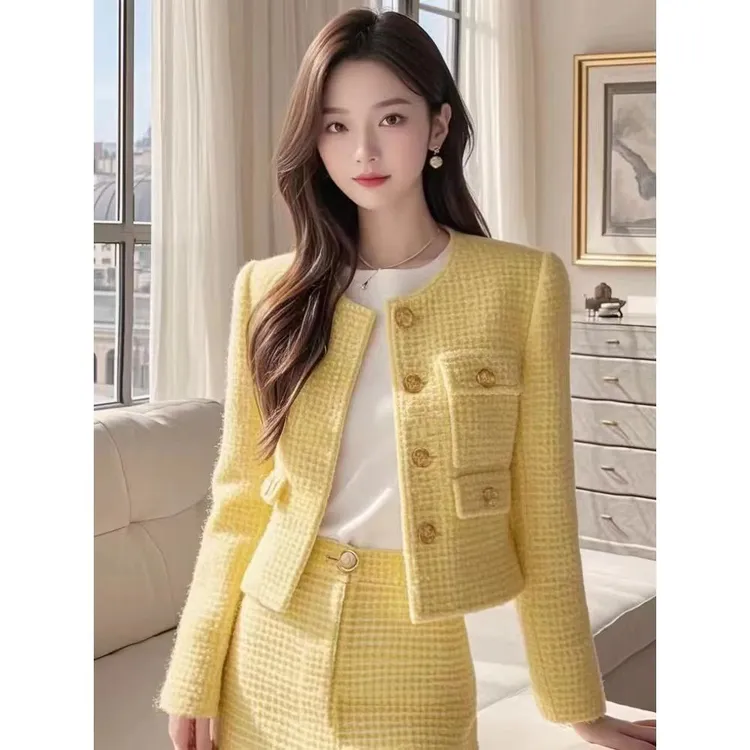 小香风时尚套装女2024秋冬新款时尚华夫格独特短外套半身裙两件套