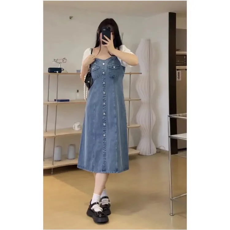 2024小众时尚款式女装夏季胖mm大码女装新款复古方领拼接牛仔长裙