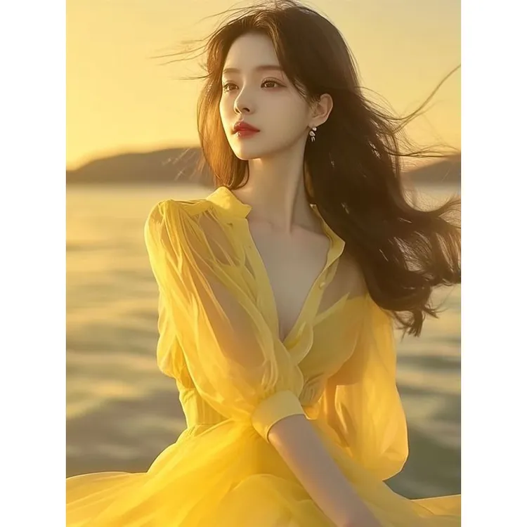 多巴胺穿搭海边度假风柠檬黄清新小众雪纺2024法式衬衫连衣裙女夏