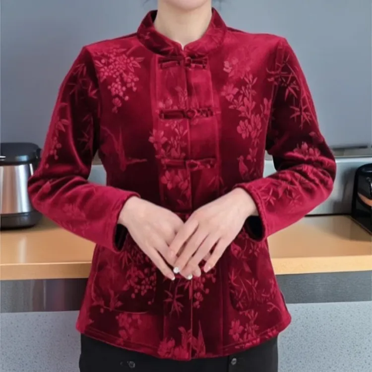新中式加绒加厚外套丝绒压花中老年女装短款喜庆节日生日妈妈装