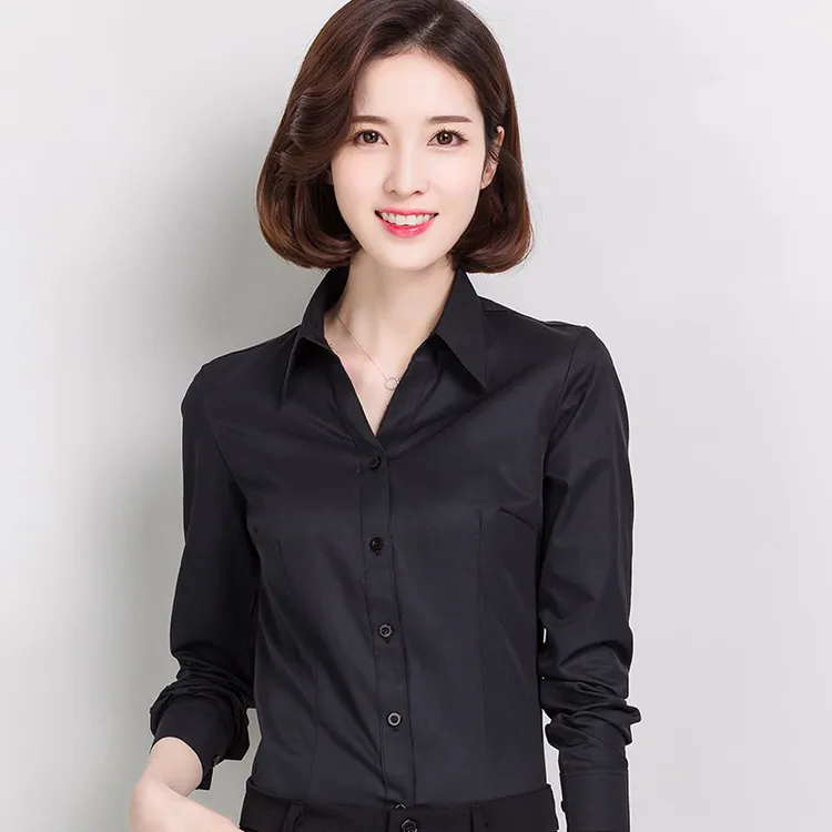 优质长袖职业装黑色衬衫女工作服秋季V领正装修身学生面试白衬衣