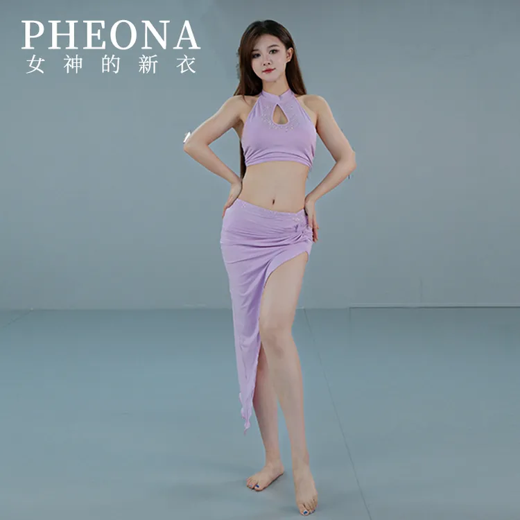 PHEONA女神的新衣肚皮舞东方舞初学者练习服莫兰迪色烫钻套装X004