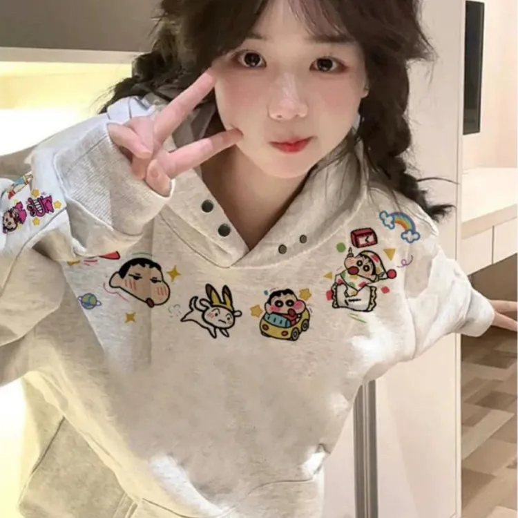 蜡笔小新美式复古纽扣连帽卫衣加绒加厚白灰色休闲上衣服男女秋冬