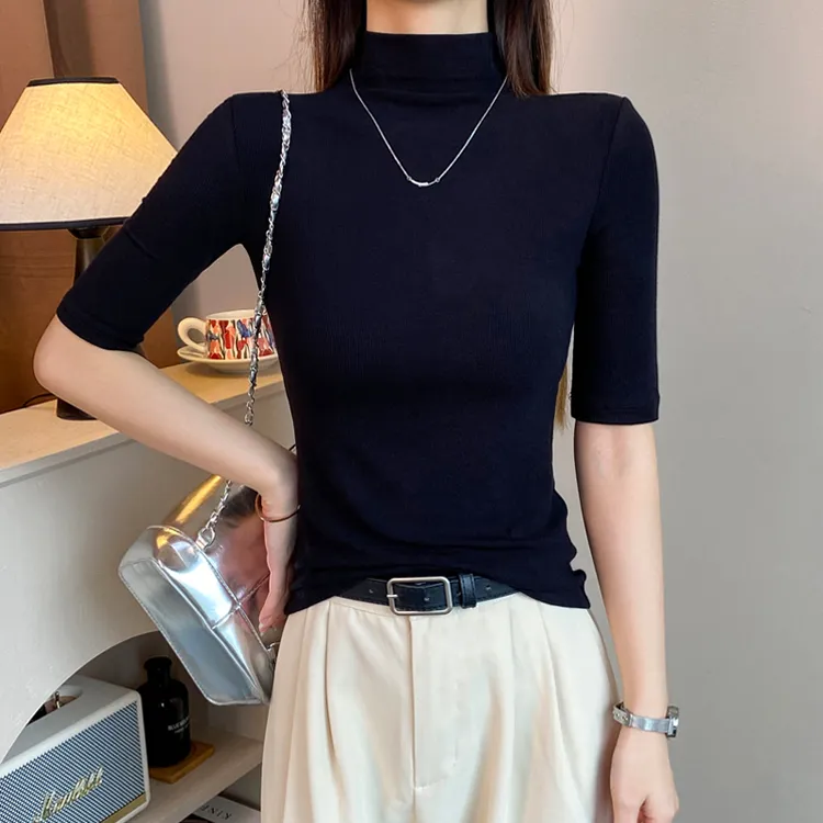 螺纹半高领中袖t恤女春秋修身五分袖打底衫内搭中领显瘦半袖上衣