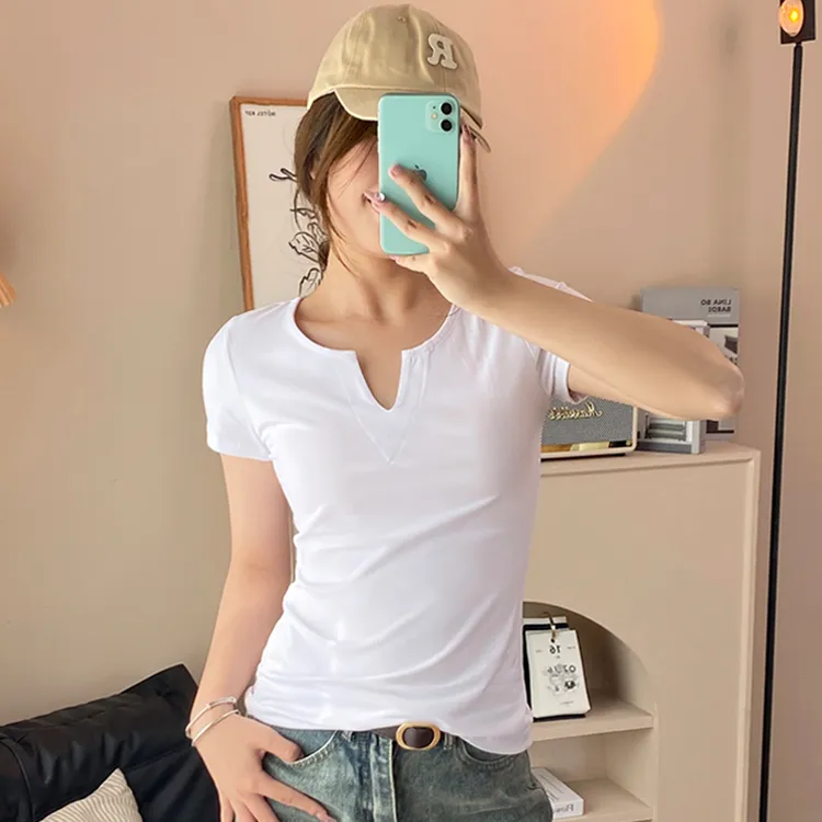 白色小v领短袖t恤女2024夏季低领纯色简约打底紧身修身百搭上衣潮