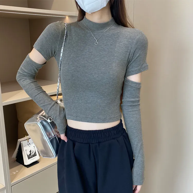 针织暗灰半高领德绒打底衫女秋冬内搭加厚上衣短款设计感长袖t恤