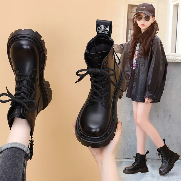 女童鞋子女士马丁靴百搭加绒公主短靴棉靴防滑黑色儿童冬靴6-12岁