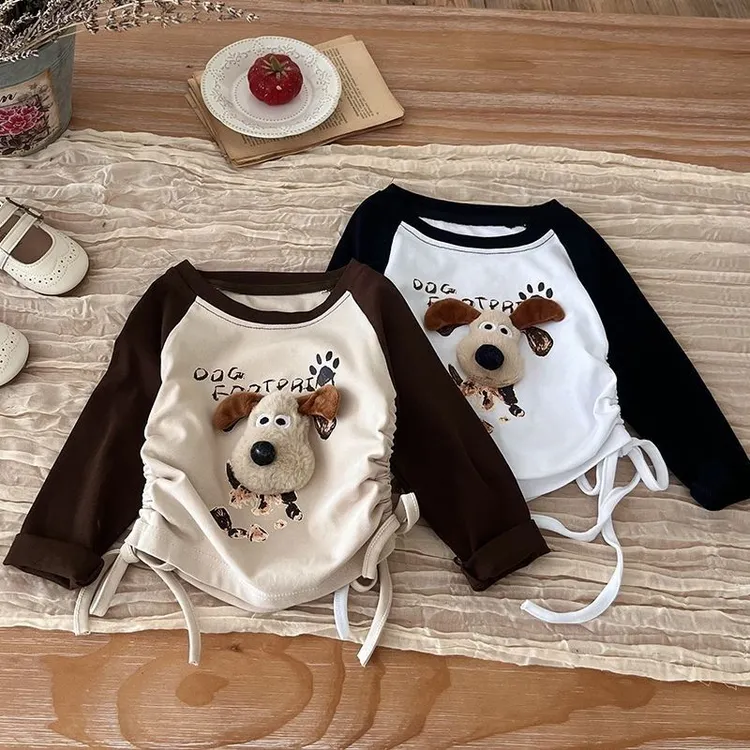 女童春秋季新款长袖T恤小女孩插肩立体卡通小狗洋气收腰打底衫潮