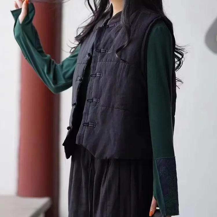 【盘扣亚麻加厚马夹】秋冬复古中式加厚马甲中国风文艺短款打底马夹