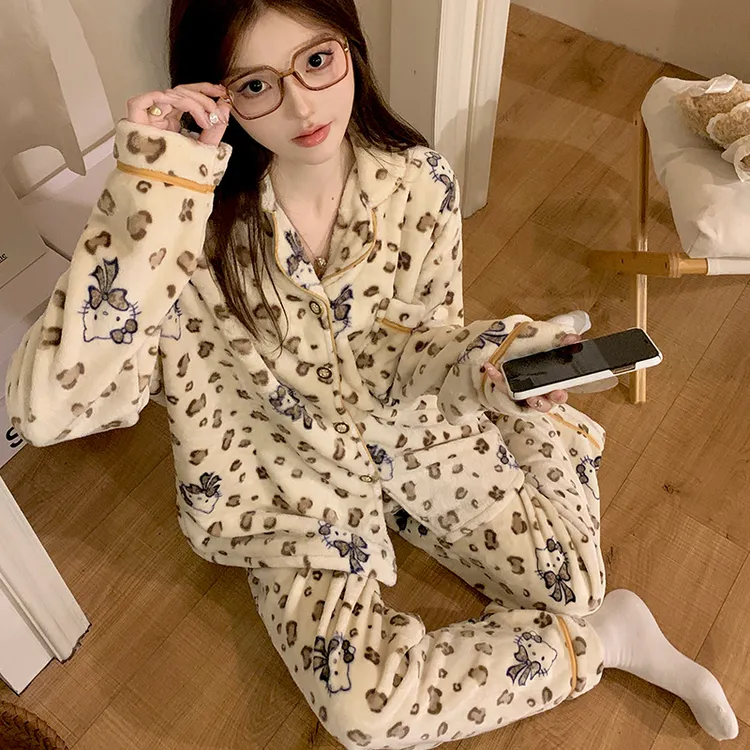 韩国甜酷风凯帝猫睡衣女秋冬珊瑚绒套装加厚长袖网红少女家居服