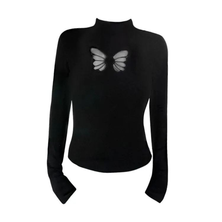 纯欲风辣妹半高领蝴蝶镂空长袖t恤女秋冬内搭打底衫独特别致上衣