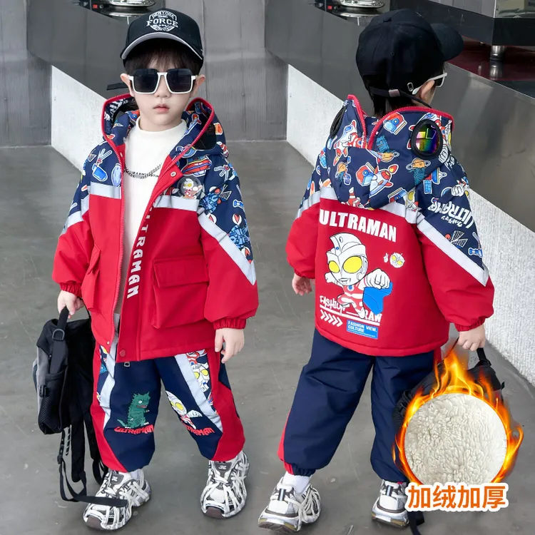 奥特曼男童加绒套装冬装2025新款加厚棉衣派克服帅气男宝棉裤