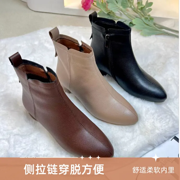 真软皮加绒短靴单里加绒时尚侧拉链粗跟英伦风尖头优雅秋冬