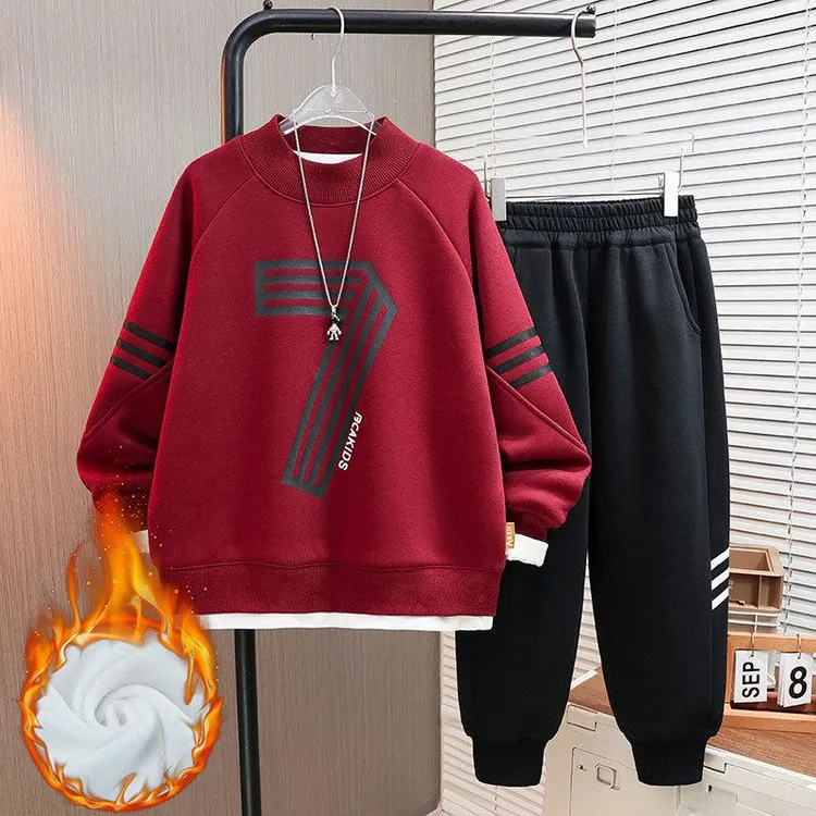 男童新款加绒卫衣套装儿童秋冬季保暖衣服裤两件套中大童加厚童装