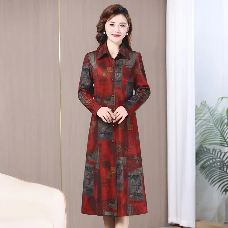 妈妈装春秋气质收腰显瘦秋冬女印花百搭洋气中老年修身外套中长款