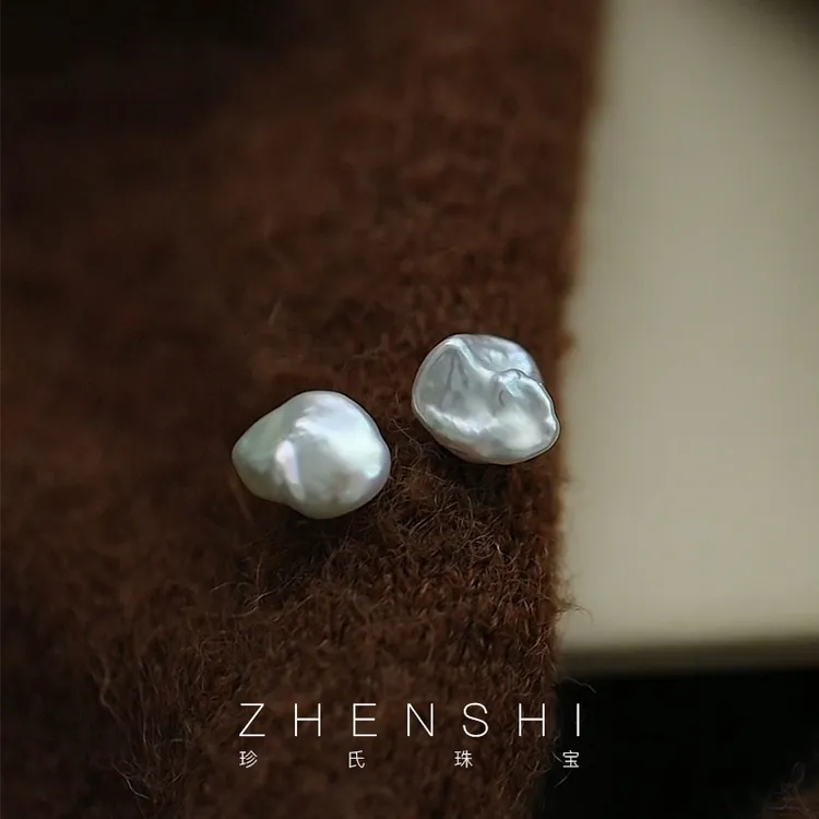 珍氏珠宝 天然淡水珍珠耳钉女款 银灰色花瓣巴洛克简约耳饰（盛欢）