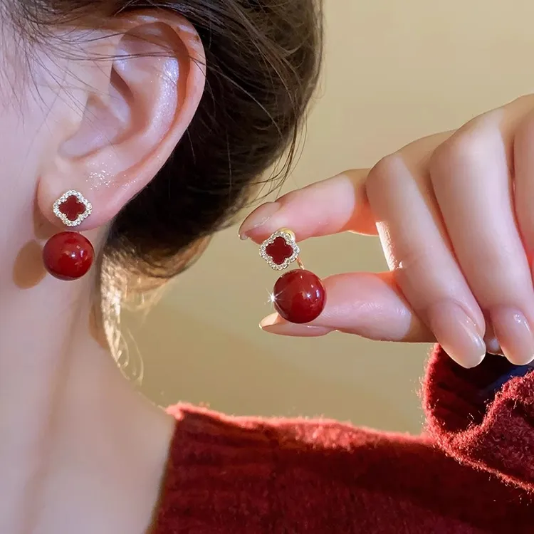 合金耳饰 红色圆球花朵耳钉轻奢高级气质耳环爆款女人味港风耳饰