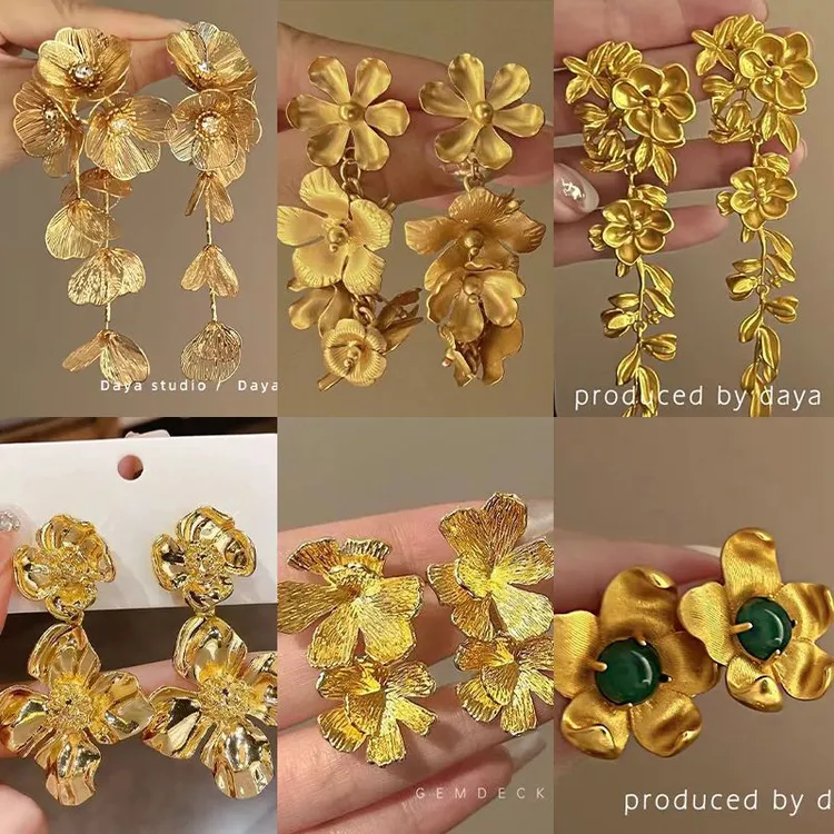金色民族花朵耳环2024新款爆款流苏高级夸张耳饰小众轻奢气质耳钉