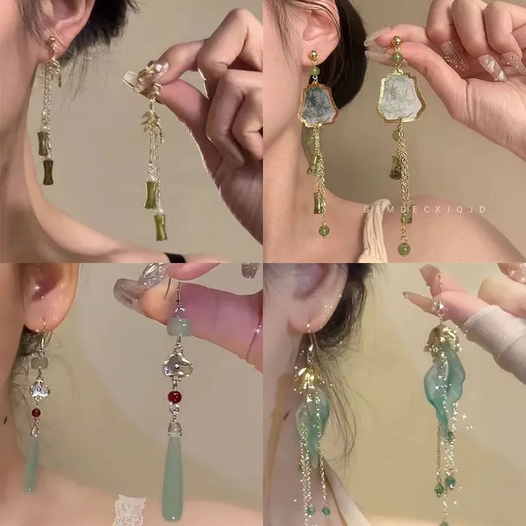 竹节耳坠流苏旗袍耳饰「竹影翠庭」新中式国风耳环女古风竹子耳钉