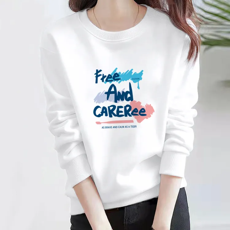 白色圆领卫衣女春秋款2025新款宽松冬季加厚绒百搭休闲印花上衣女