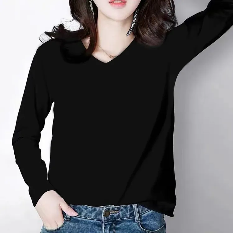 V领鸡心领长袖T恤女春秋季新款韩版宽松简约印花休闲百搭打底衫女