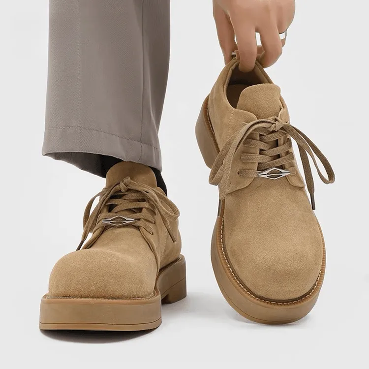 英伦风大头德比鞋男厚底反绒低帮大黄靴高级感休闲男鞋增高皮鞋男