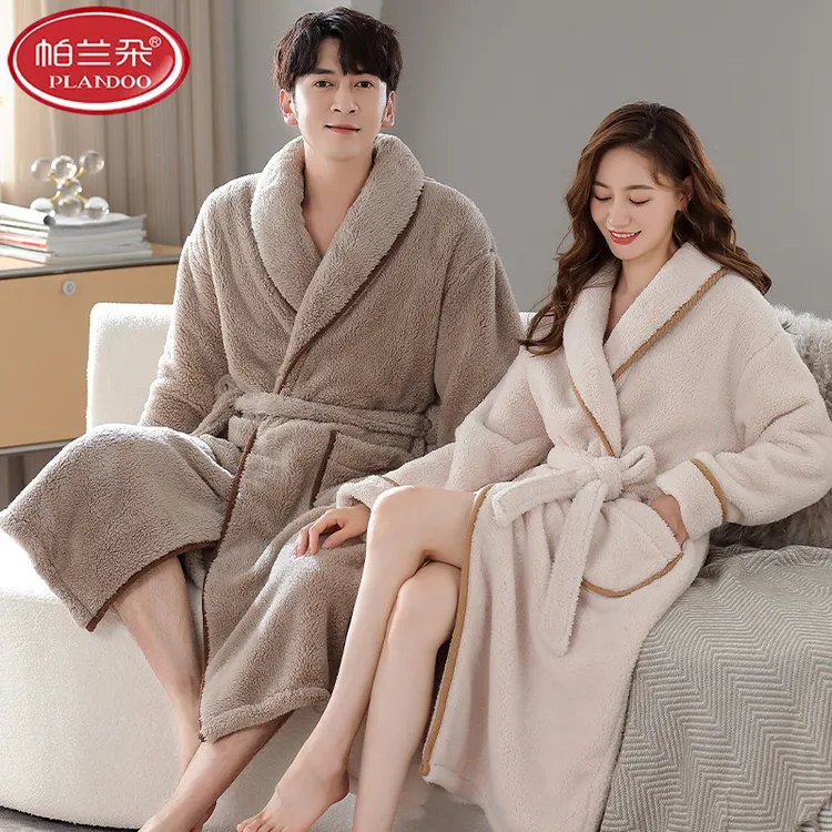 帕兰朵睡袍情侣家居服冬季珊瑚绒加绒加厚保暖男士中长款女士秋冬