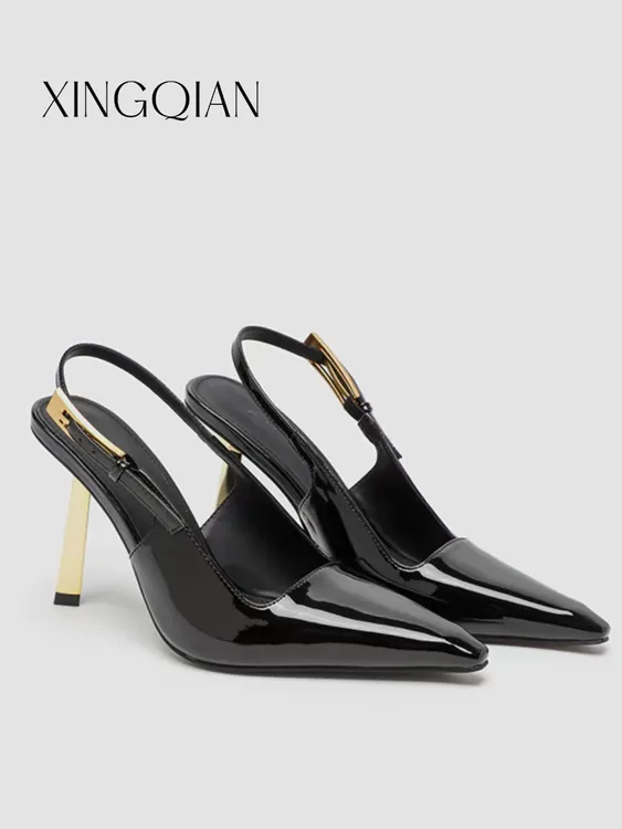 娜扎同款黑色细跟小金条春秋新款性感名媛时尚后空尖头浅口高跟鞋
