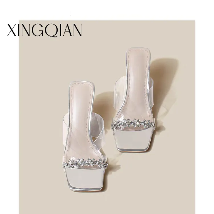 轻奢千金款~水钻透明高跟一字带拖鞋粗跟外穿方头凉拖女2025夏款