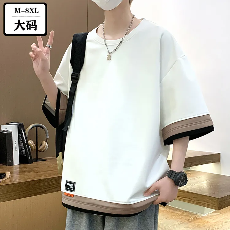 短袖t恤男士夏季宽松大码港风假两件薄款青少年学生五分半袖体恤