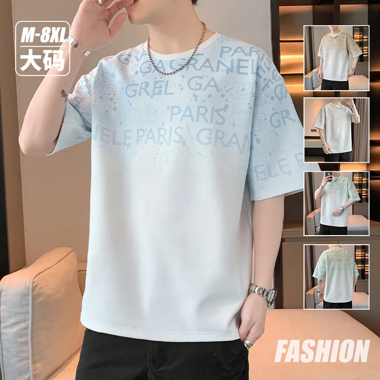 渐变男士短袖t恤夏季痞帅新款宽松大码韩版时尚薄款半袖圆领上衣