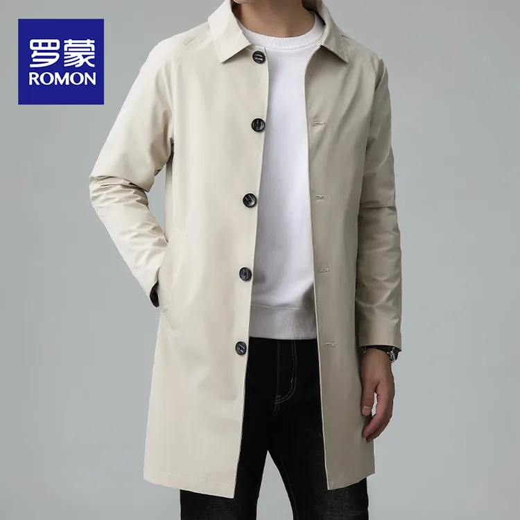罗蒙春秋季男士外套宽松翻领夹克2025新款商务休闲中长款风衣男装