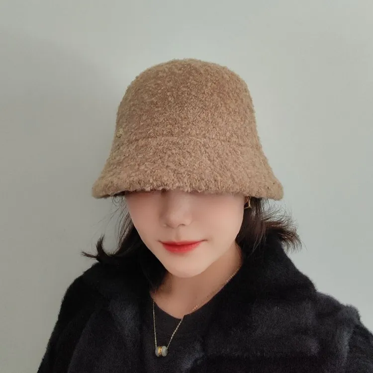 驼色厚实羊羔毛渔夫帽女秋冬新款帽子显脸小宽檐素颜遮脸毛绒盆帽